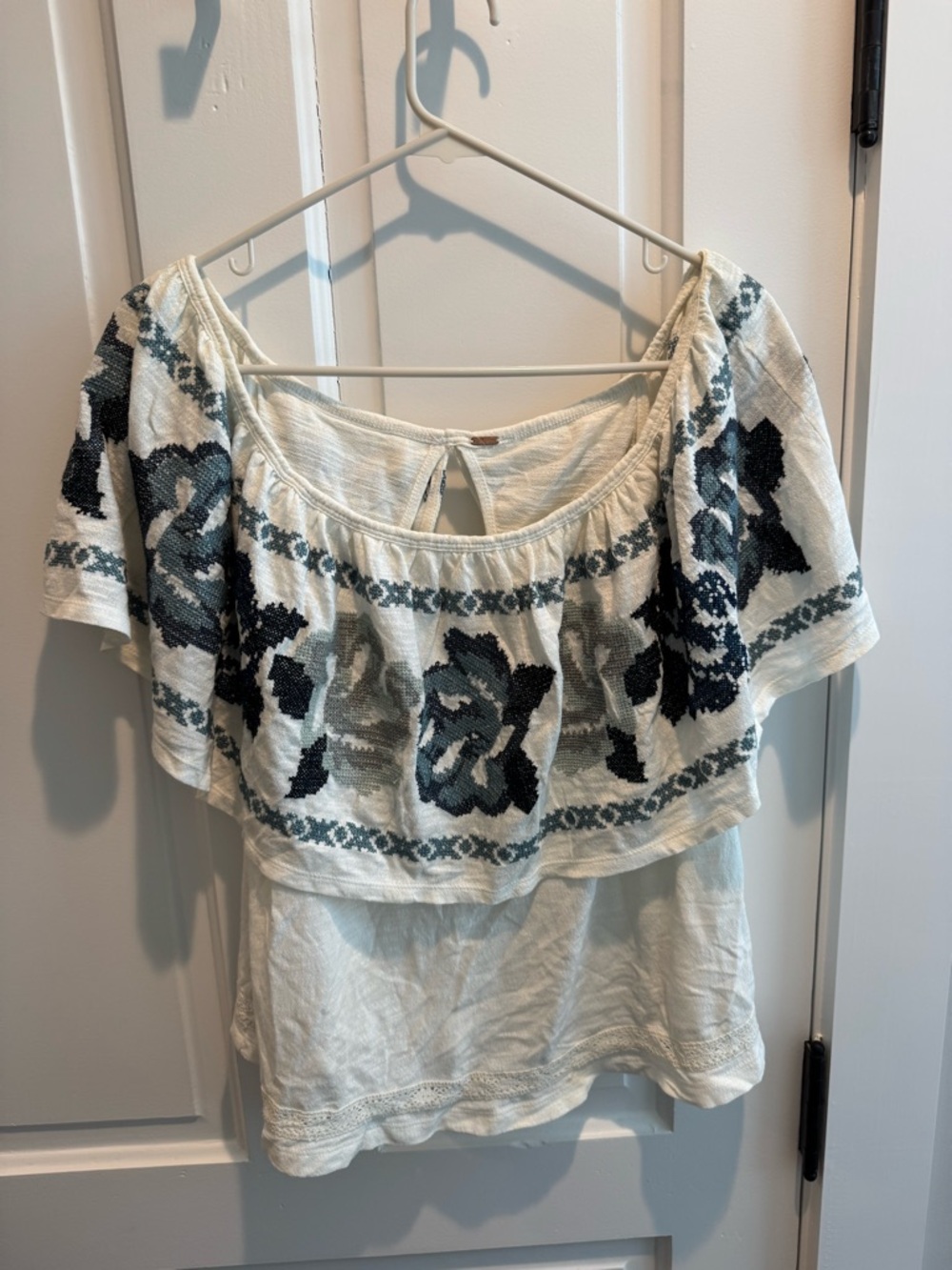 Free People Ivory Embroidered Off-Shoulder Shirt